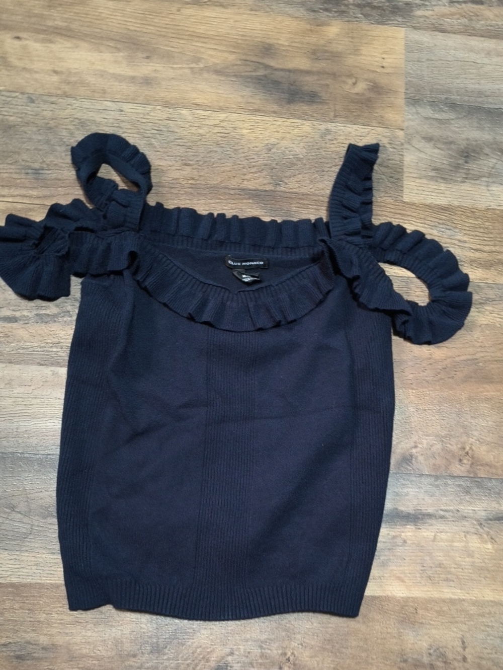Club Monaco Navy Ruffle-Trim Knit Crop Top